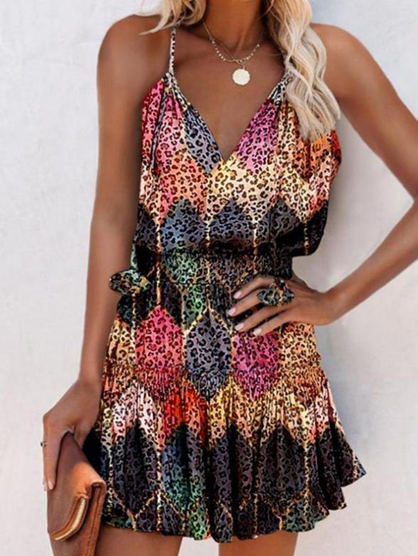 V-neck Pullover Print Suspender Dress - Mini Dresses - INS | Online Fashion Free Shipping Clothing, Dresses, Tops, Shoes - 24/05/2021 - Color_Black - Color_Leopard