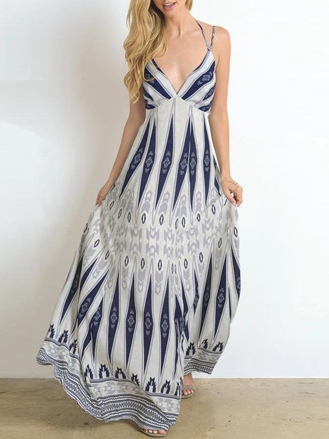 V-neck Retro Print Suspender Long Dress - Maxi Dresses - INS | Online Fashion Free Shipping Clothing, Dresses, Tops, Shoes - 21/06/2021 - 30-40 - color-blue