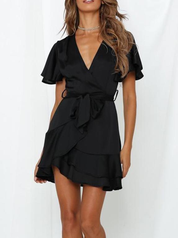 V-neck Ruffled Belt Wrap Mini Dress - Mini Dresses - INS | Online Fashion Free Shipping Clothing, Dresses, Tops, Shoes - 02/07/2021 - 20-30 - color-apricot