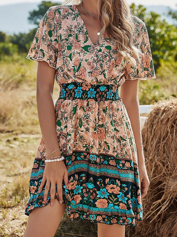 V-Neck Short Sleeve Boho Print Dress - Mini Dresses - INS | Online Fashion Free Shipping Clothing, Dresses, Tops, Shoes - 18/06/2021 - 30-40 - Category_Mini Dresses