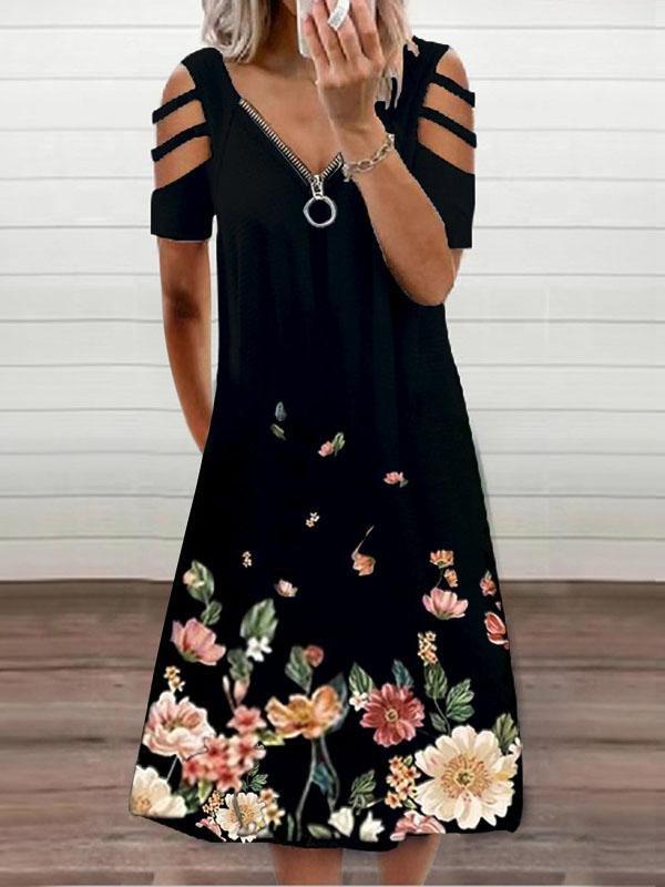 V-neck Short Sleeve Casual Zipper Loose Dress - Midi Dresses - INS | Online Fashion Free Shipping Clothing, Dresses, Tops, Shoes - 03/06/2021 - Category_Midi Dresses - Color_Black