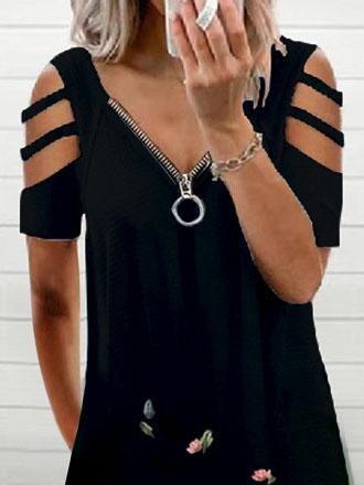 V-neck Short Sleeve Casual Zipper Loose Dress - Midi Dresses - INS | Online Fashion Free Shipping Clothing, Dresses, Tops, Shoes - 03/06/2021 - Category_Midi Dresses - Color_Black