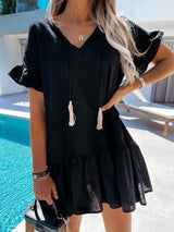 V-neck Short Sleeve Dangle Mini Dress - Mini Dresses - INS | Online Fashion Free Shipping Clothing, Dresses, Tops, Shoes - 03/06/2021 - Category_Mini Dresses - Color_Black