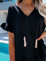 V-neck Short Sleeve Dangle Mini Dress - Mini Dresses - INS | Online Fashion Free Shipping Clothing, Dresses, Tops, Shoes - 03/06/2021 - Category_Mini Dresses - Color_Black