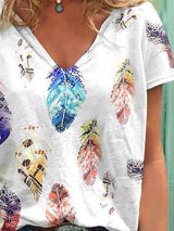 V-Neck Short Sleeve Feather Print Casual T-Shirt - T-Shirts - INS | Online Fashion Free Shipping Clothing, Dresses, Tops, Shoes - 05/07/2021 - 10-20 - Category_T-Shirts