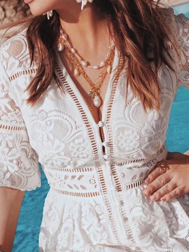 V-neck Short Sleeve Hollow Lace Dress - Midi Dresses - INS | Online Fashion Free Shipping Clothing, Dresses, Tops, Shoes - 23/06/2021 - color-blue - color-light-white