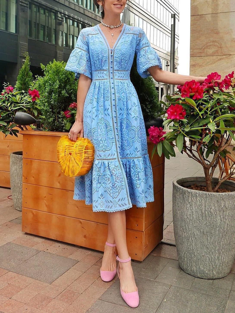 V-neck Short Sleeve Hollow Lace Dress - Midi Dresses - INS | Online Fashion Free Shipping Clothing, Dresses, Tops, Shoes - 23/06/2021 - color-blue - color-light-white