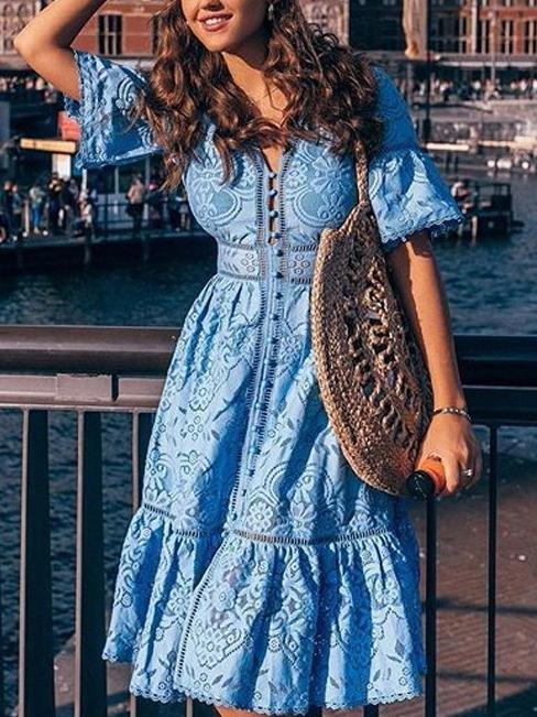 V-neck Short Sleeve Hollow Lace Dress - Midi Dresses - INS | Online Fashion Free Shipping Clothing, Dresses, Tops, Shoes - 23/06/2021 - color-blue - color-light-white