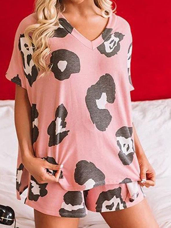 V-Neck Short Sleeve Leopard Print Loungewear Two-Piece Suit - Loungewear - INS | Online Fashion Free Shipping Clothing, Dresses, Tops, Shoes - 14/07/2021 - 20-30 - Category_Loungewear