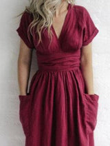 V-neck Short Sleeve Pocket Solid Color Dress - Midi Dresses - INS | Online Fashion Free Shipping Clothing, Dresses, Tops, Shoes - 07/06/2021 - Color_Green - Color_Pink