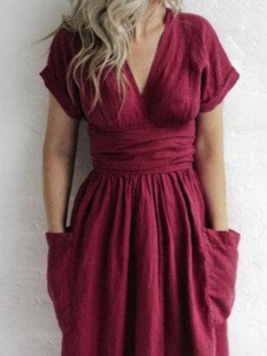 V-neck Short Sleeve Pocket Solid Color Dress - Midi Dresses - INS | Online Fashion Free Shipping Clothing, Dresses, Tops, Shoes - 07/06/2021 - Color_Green - Color_Pink
