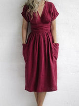 V-neck Short Sleeve Pocket Solid Color Dress - Midi Dresses - INS | Online Fashion Free Shipping Clothing, Dresses, Tops, Shoes - 07/06/2021 - Color_Green - Color_Pink