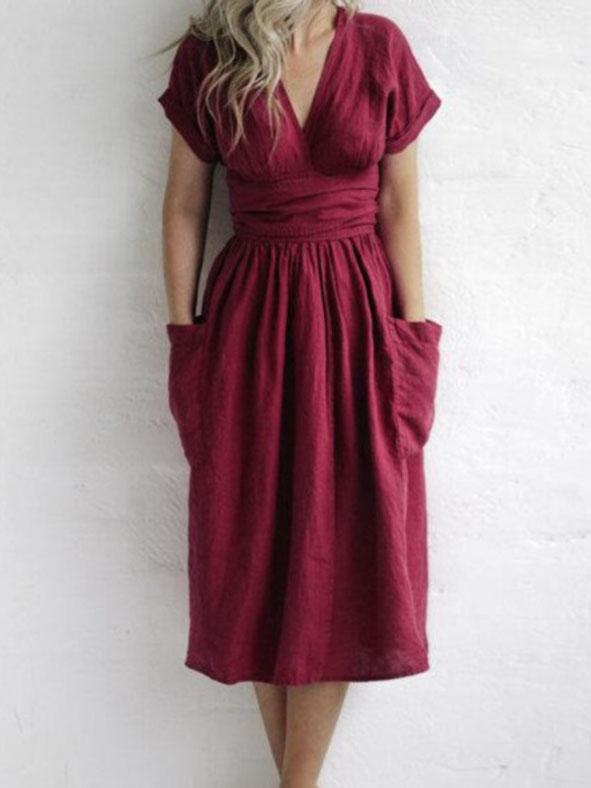 V-neck Short Sleeve Pocket Solid Color Dress - Midi Dresses - INS | Online Fashion Free Shipping Clothing, Dresses, Tops, Shoes - 07/06/2021 - Color_Green - Color_Pink