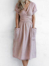 V-neck Short Sleeve Pocket Solid Color Dress - Midi Dresses - INS | Online Fashion Free Shipping Clothing, Dresses, Tops, Shoes - 07/06/2021 - Color_Green - Color_Pink