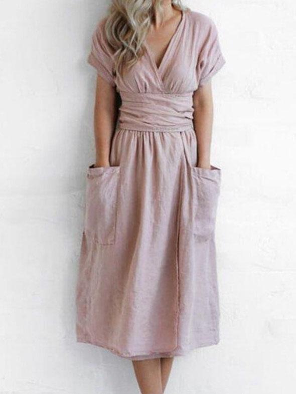 V-neck Short Sleeve Pocket Solid Color Dress - Midi Dresses - INS | Online Fashion Free Shipping Clothing, Dresses, Tops, Shoes - 07/06/2021 - Color_Green - Color_Pink