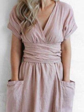 V-neck Short Sleeve Pocket Solid Color Dress - Midi Dresses - INS | Online Fashion Free Shipping Clothing, Dresses, Tops, Shoes - 07/06/2021 - Color_Green - Color_Pink