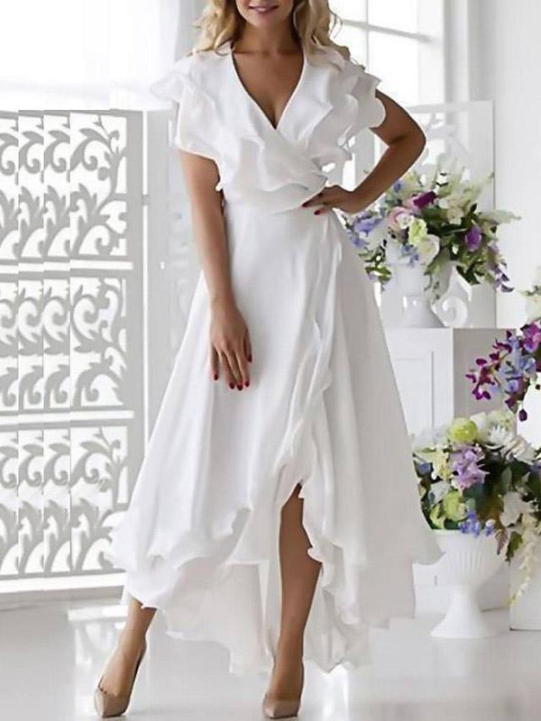 V-Neck Short Sleeve Ruffled Elegant Dress - Maxi Dresses - INS | Online Fashion Free Shipping Clothing, Dresses, Tops, Shoes - 22/07/2021 - Category_Maxi Dresses - color-white