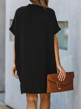 V-neck Short Sleeve Solid Color Loose Dress - Midi Dresses - INS | Online Fashion Free Shipping Clothing, Dresses, Tops, Shoes - 11/06/2021 - Category_Midi Dresses - Color_Black