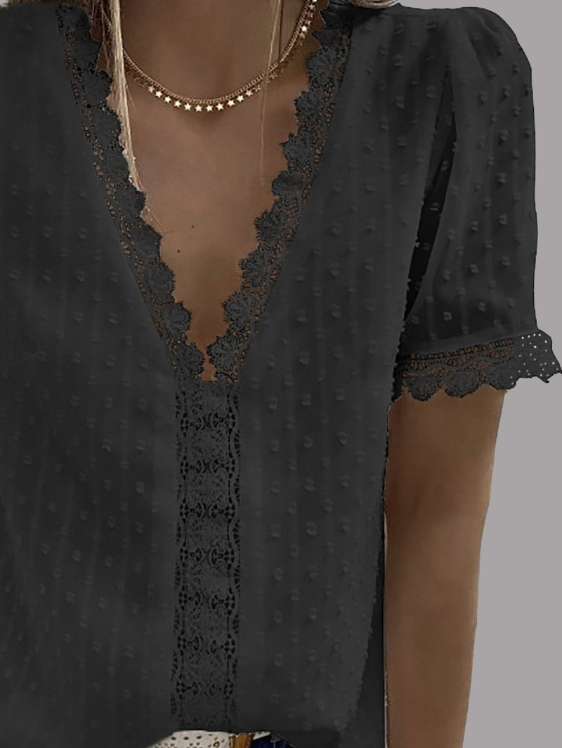 V-neck Short Sleeve Splicing Lace Chiffon Blouses - Blouses - INS | Online Fashion Free Shipping Clothing, Dresses, Tops, Shoes - 08/06/2021 - BLO2106080056 - Category_Blouses