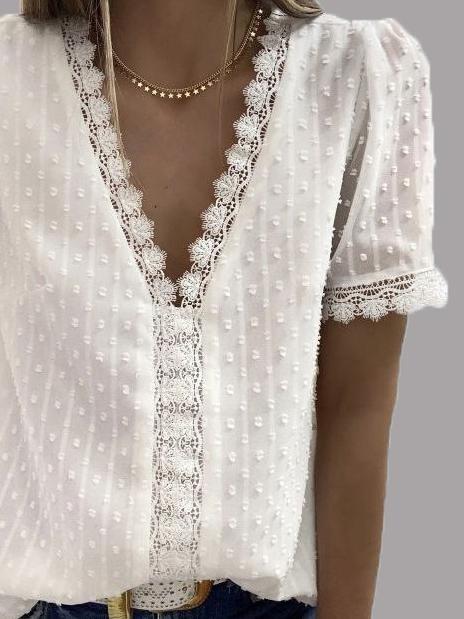 V-neck Short Sleeve Splicing Lace Chiffon Blouses - Blouses - INS | Online Fashion Free Shipping Clothing, Dresses, Tops, Shoes - 08/06/2021 - BLO2106080056 - Category_Blouses