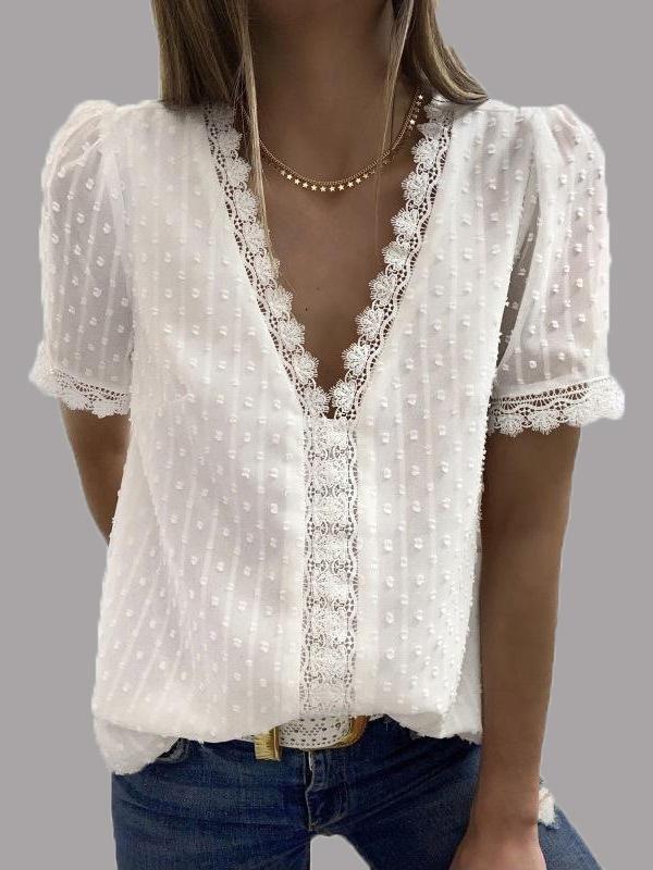 V-neck Short Sleeve Splicing Lace Chiffon Blouses - Blouses - INS | Online Fashion Free Shipping Clothing, Dresses, Tops, Shoes - 08/06/2021 - BLO2106080056 - Category_Blouses