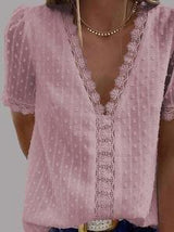 V-neck Short Sleeve Splicing Lace Chiffon Blouses - Blouses - INS | Online Fashion Free Shipping Clothing, Dresses, Tops, Shoes - 08/06/2021 - BLO2106080056 - Category_Blouses