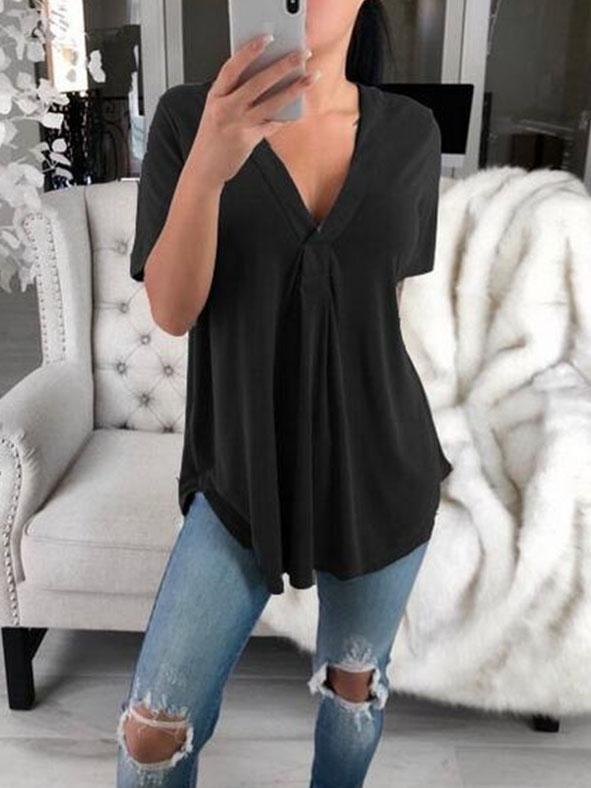 V-neck Short-sleeved Loose Solid T-shirt - T-shirts - INS | Online Fashion Free Shipping Clothing, Dresses, Tops, Shoes - 10-20 - 12/07/2021 - color-black