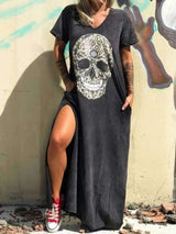 V-neck Short-sleeved Skull Print Slit T-shirt Dress - Maxi Dresses - INS | Online Fashion Free Shipping Clothing, Dresses, Tops, Shoes - 20-30 - 27/07/2021 - color-black