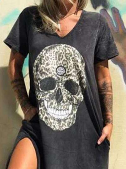 V-neck Short-sleeved Skull Print Slit T-shirt Dress - Maxi Dresses - INS | Online Fashion Free Shipping Clothing, Dresses, Tops, Shoes - 20-30 - 27/07/2021 - color-black