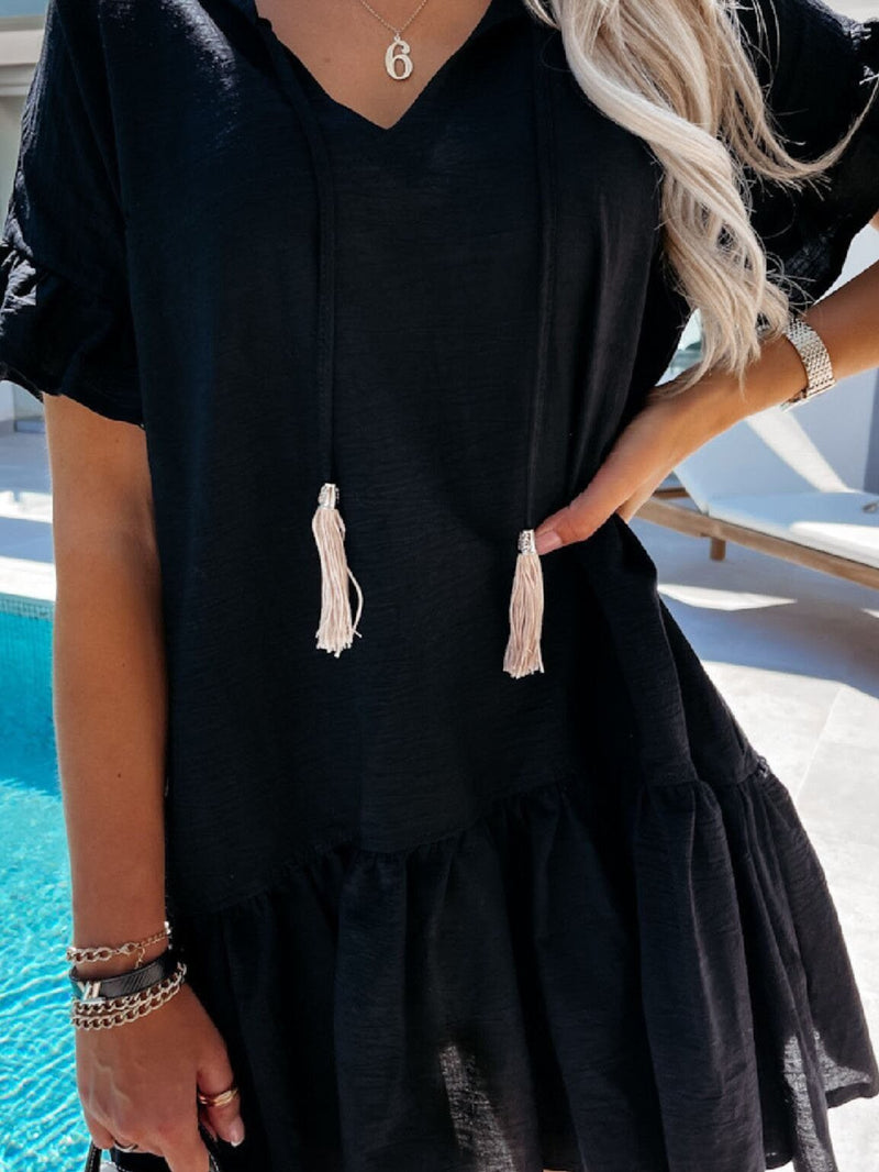 V-neck Short-sleeved Solid Color Short Dress - Mini Dresses - INS | Online Fashion Free Shipping Clothing, Dresses, Tops, Shoes - 08/06/2021 - Color_Black - Color_Blue