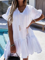 V-neck Short-sleeved Solid Color Short Dress - Mini Dresses - INS | Online Fashion Free Shipping Clothing, Dresses, Tops, Shoes - 08/06/2021 - Color_Black - Color_Blue