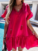 V-neck Short-sleeved Solid Color Short Dress - Mini Dresses - INS | Online Fashion Free Shipping Clothing, Dresses, Tops, Shoes - 08/06/2021 - Color_Black - Color_Blue