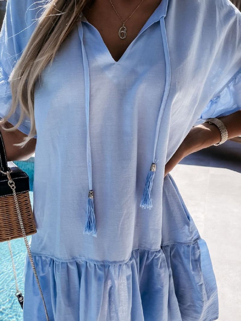 V-neck Short-sleeved Solid Color Short Dress - Mini Dresses - INS | Online Fashion Free Shipping Clothing, Dresses, Tops, Shoes - 08/06/2021 - Color_Black - Color_Blue
