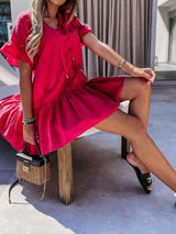 V-neck Short-sleeved Solid Color Short Dress - Mini Dresses - INS | Online Fashion Free Shipping Clothing, Dresses, Tops, Shoes - 08/06/2021 - Color_Black - Color_Blue