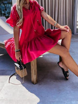 V-neck Short-sleeved Solid Color Short Dress - Mini Dresses - INS | Online Fashion Free Shipping Clothing, Dresses, Tops, Shoes - 08/06/2021 - Color_Black - Color_Blue