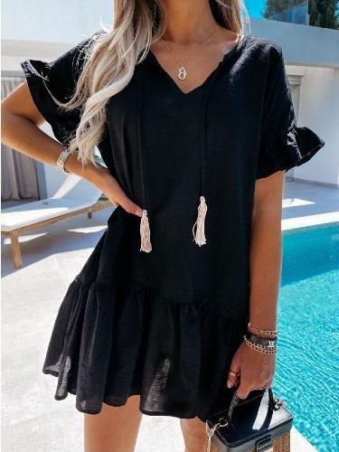 V-neck Short-sleeved Solid Color Short Dress - Mini Dresses - INS | Online Fashion Free Shipping Clothing, Dresses, Tops, Shoes - 08/06/2021 - Color_Black - Color_Blue