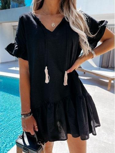 V-neck Short-sleeved Solid Color Short Dress - Mini Dresses - INS | Online Fashion Free Shipping Clothing, Dresses, Tops, Shoes - 08/06/2021 - Color_Black - Color_Blue