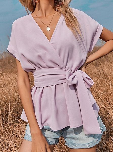 V-neck Short-sleeved Solid Loose Blouse - Blouses - INS | Online Fashion Free Shipping Clothing, Dresses, Tops, Shoes - 18/06/2021 - 20-30 - BLO2106180119