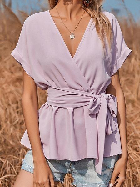 V-neck Short-sleeved Solid Loose Blouse - Blouses - INS | Online Fashion Free Shipping Clothing, Dresses, Tops, Shoes - 18/06/2021 - 20-30 - BLO2106180119