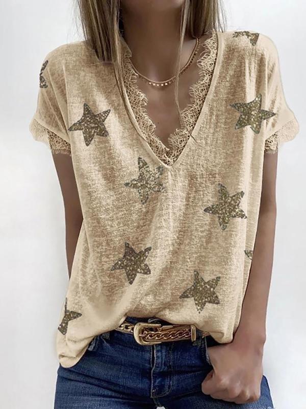 V-neck Short-sleeved Star Print Lace T-shirt - T-Shirts - INS | Online Fashion Free Shipping Clothing, Dresses, Tops, Shoes - 05/18/2021 - Category_T-Shirts - Color_Black