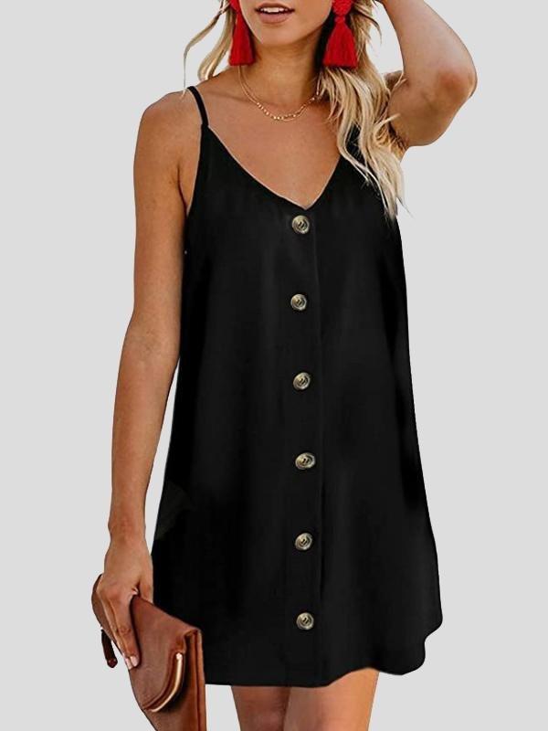 V-neck Single-breasted Sleeveless Suspender Dress - Mini Dresses - INS | Online Fashion Free Shipping Clothing, Dresses, Tops, Shoes - 10-20 - 19/07/2021 - color-black