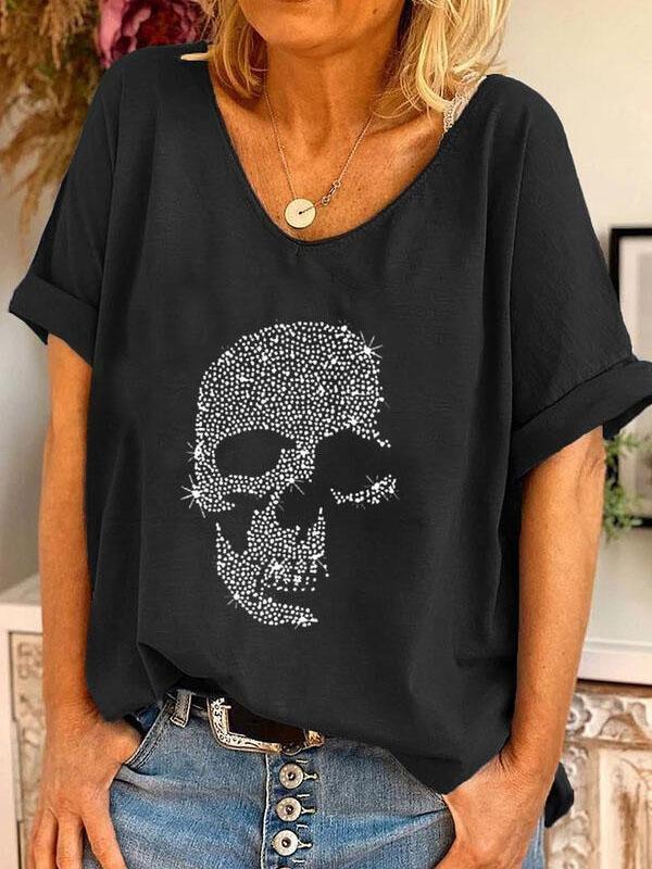 V-neck Skull Print Loose Short Sleeve T-shirt - T-Shirts - INS | Online Fashion Free Shipping Clothing, Dresses, Tops, Shoes - 31/05/2021 - Category_T-Shirts - Category_Tops