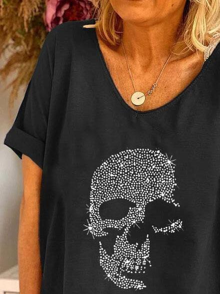 V-neck Skull Print Loose Short Sleeve T-shirt - T-Shirts - INS | Online Fashion Free Shipping Clothing, Dresses, Tops, Shoes - 31/05/2021 - Category_T-Shirts - Category_Tops