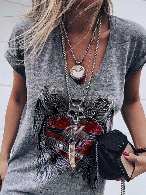 V-neck Skull Print Short-sleeved T-shirt - T-shirts - INS | Online Fashion Free Shipping Clothing, Dresses, Tops, Shoes - 10/06/2021 - Color_Gray - Season_Summer