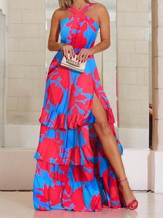 V-neck Sleeveless Bohemian Dress With Slits - Maxi Dresses - INS | Online Fashion Free Shipping Clothing, Dresses, Tops, Shoes - 05/07/2021 - 30-40 - color-red