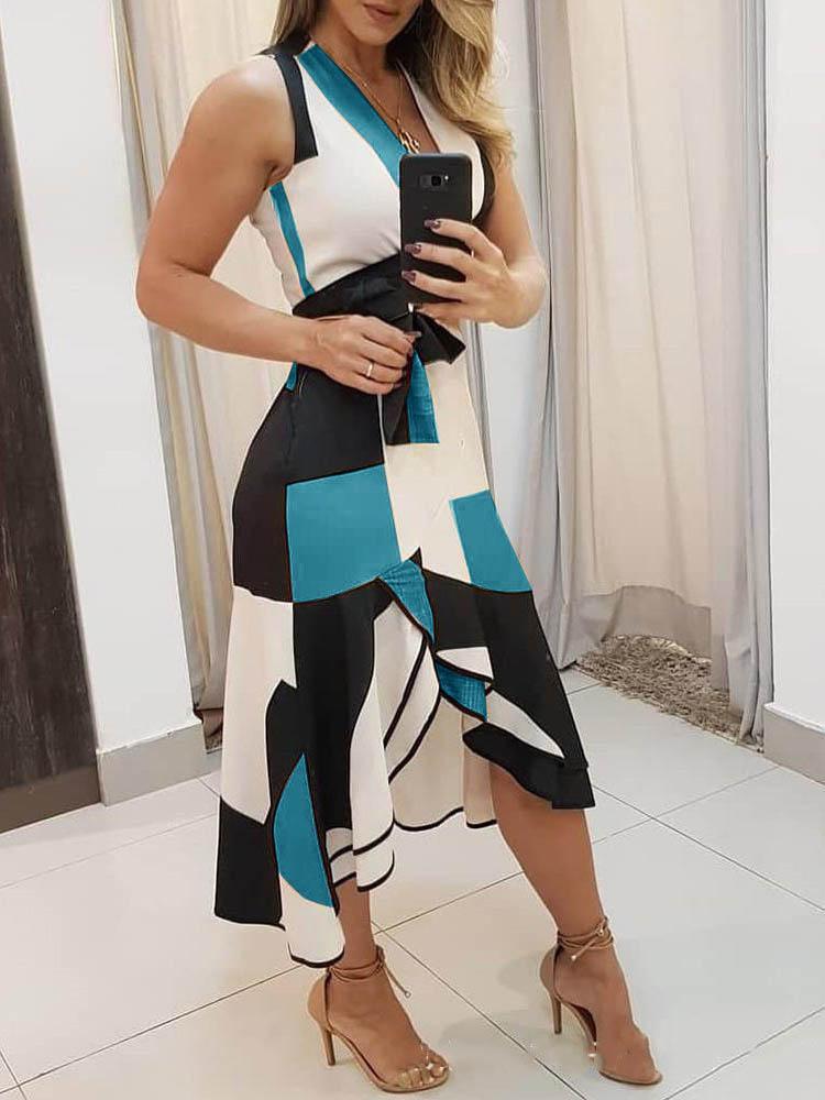 V-neck Sleeveless Contrast Print Ladies Dressa - Midi Dresses - INS | Online Fashion Free Shipping Clothing, Dresses, Tops, Shoes - 09/06/2021 - Color_Blue - Color_Red