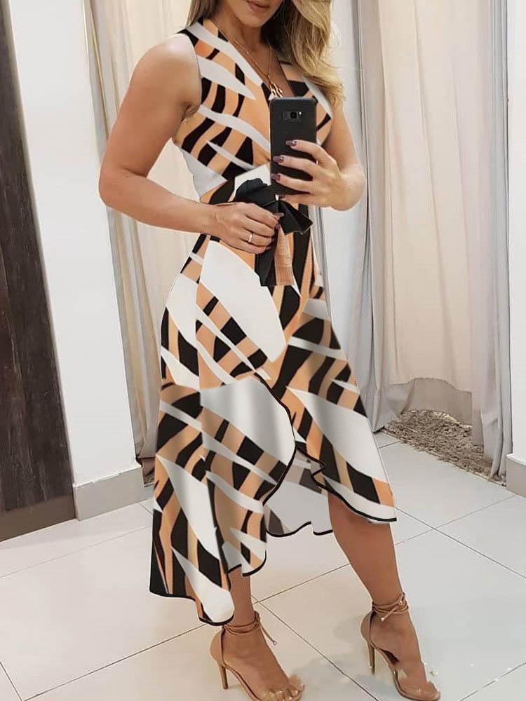 V-neck Sleeveless Contrast Print Ladies Dressa - Midi Dresses - INS | Online Fashion Free Shipping Clothing, Dresses, Tops, Shoes - 09/06/2021 - Color_Blue - Color_Red
