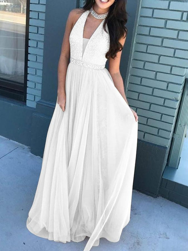 V-neck Sleeveless Halterneck Fashion Dress - Maxi Dresses - INS | Online Fashion Free Shipping Clothing, Dresses, Tops, Shoes - 08/07/2021 - 30-40 - color-white