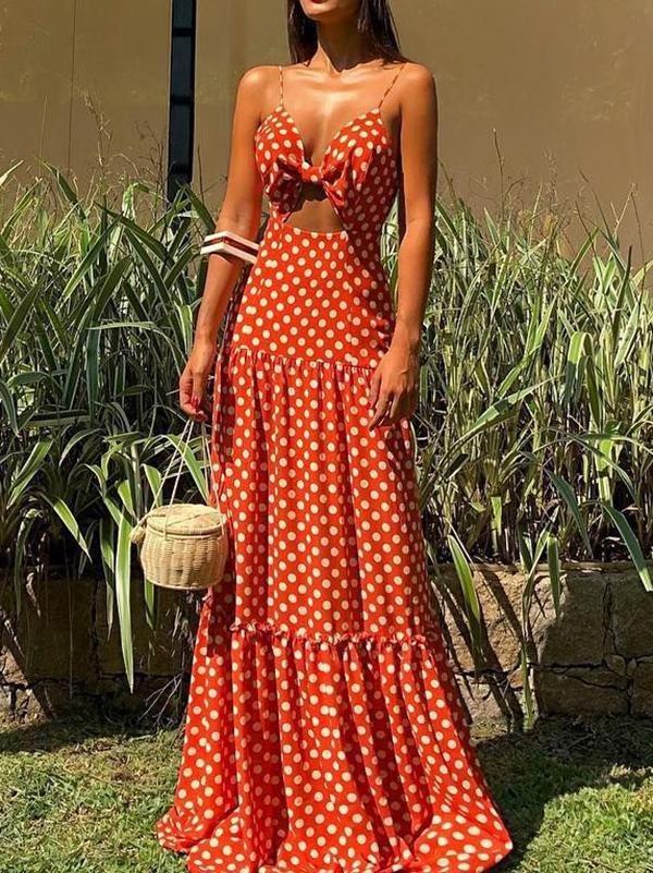 V-neck Sleeveless Polka Dot Beach Dress - Maxi Dresses - INS | Online Fashion Free Shipping Clothing, Dresses, Tops, Shoes - 16/06/2021 - 30-40 - color-orange