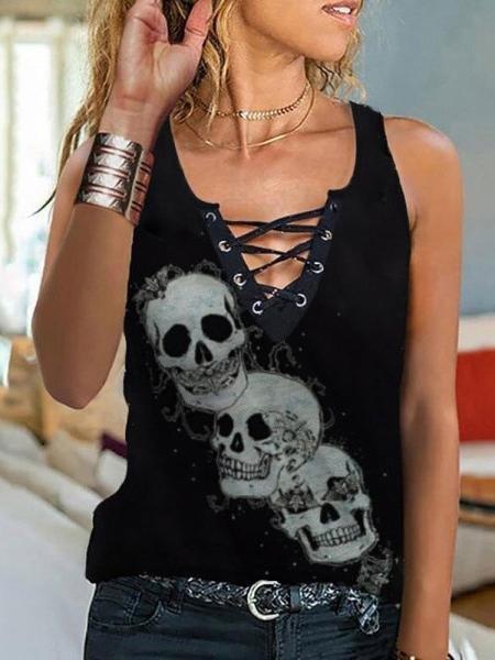 V-neck Sleeveless Skull Print Tank Tops - Tank Tops - INS | Online Fashion Free Shipping Clothing, Dresses, Tops, Shoes - 07/06/2021 - Color_Black - Color_Blue